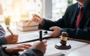 a client consulting with his lawyers in a room, with a gavel on the table, relevant to crafting a criminal defense strategy