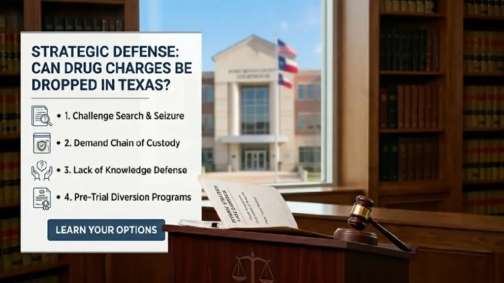 Can a Drug Possession Charge Be Dismissed in Texas? | Drug Possession Lawyer Guide 1 empty courtroom bench with a legal gavel and drug defense case file representing a drug possession charge dismissal in texas.
