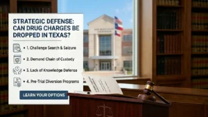 empty courtroom bench with a legal gavel and drug defense case file representing a drug possession charge dismissal in texas.