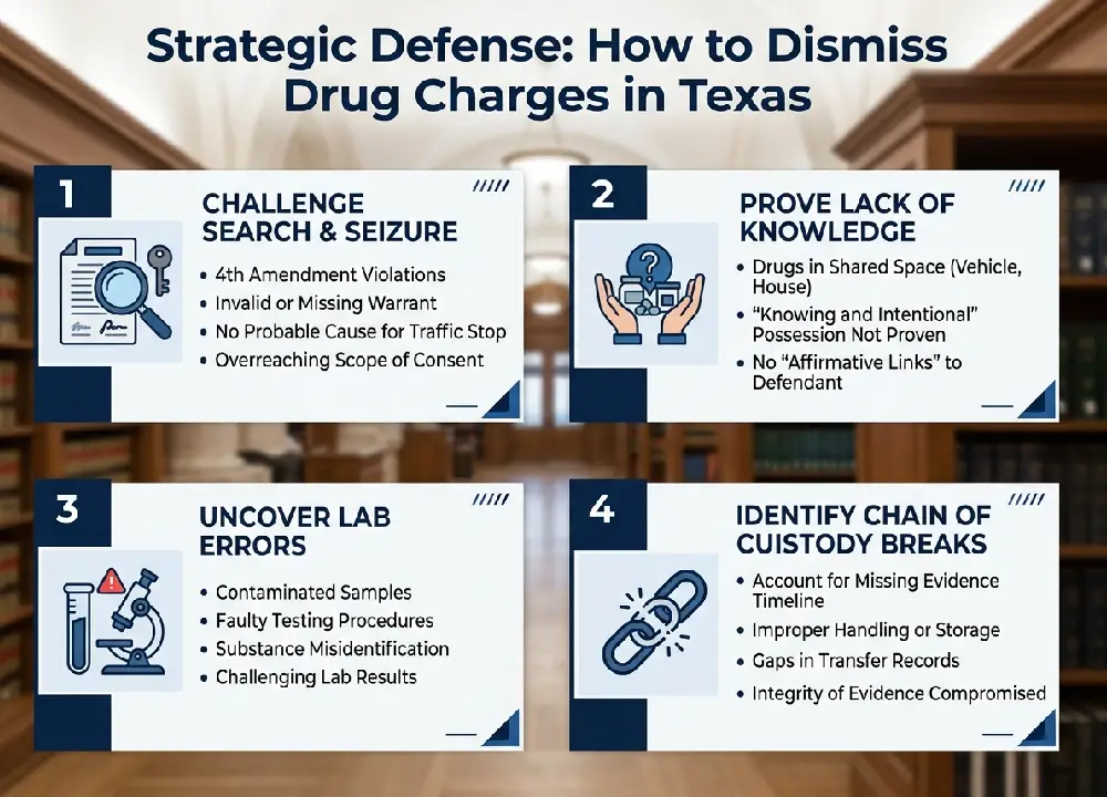 Can a Drug Possession Charge Be Dismissed in Texas? | Drug Possession Lawyer Guide 2 legal infographic titled strategic defense: how to dismiss drug charges in texas, outlining fourth amendment challenges, lack of knowledge, lab errors, and chain of custody breaks.