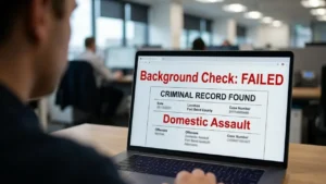 over-the-shoulder view of an employer screening a computer screen showing a failed domestic violence background check for a domestic assault charge in texas.
