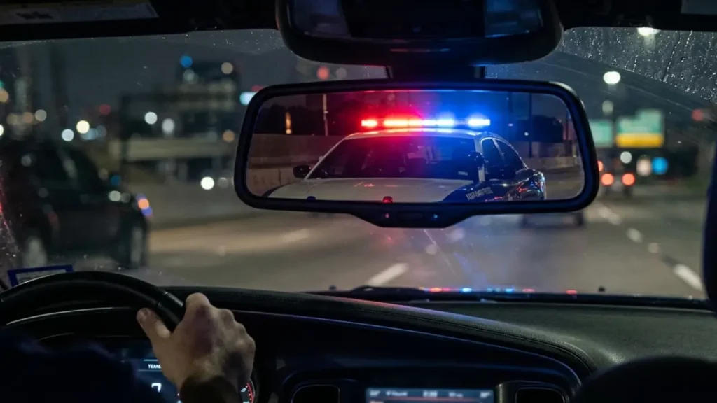 Can Police Search Your Car for Drugs in Texas? | Drug Possession Lawyer Explains 25 first-person view from inside a vehicle looking at the rearview mirror reflecting flashing police lights during a traffic stop for a drug possession check in texas.
