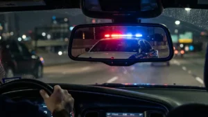 first-person view from inside a vehicle looking at the rearview mirror reflecting flashing police lights during a traffic stop for a drug possession check in texas.