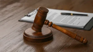 a wooden judge gavel resting on paperwork for a texas domestic assault record expunction application.
