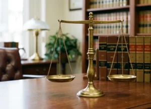 brass scales of justice balanced on a lawyer's desk, representing legal eligibility to clear a record.