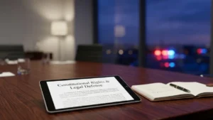 drug possession lawyer notebook and pen sitting on a desk with blurred emergency lights highlighting texas search and seizure rights.